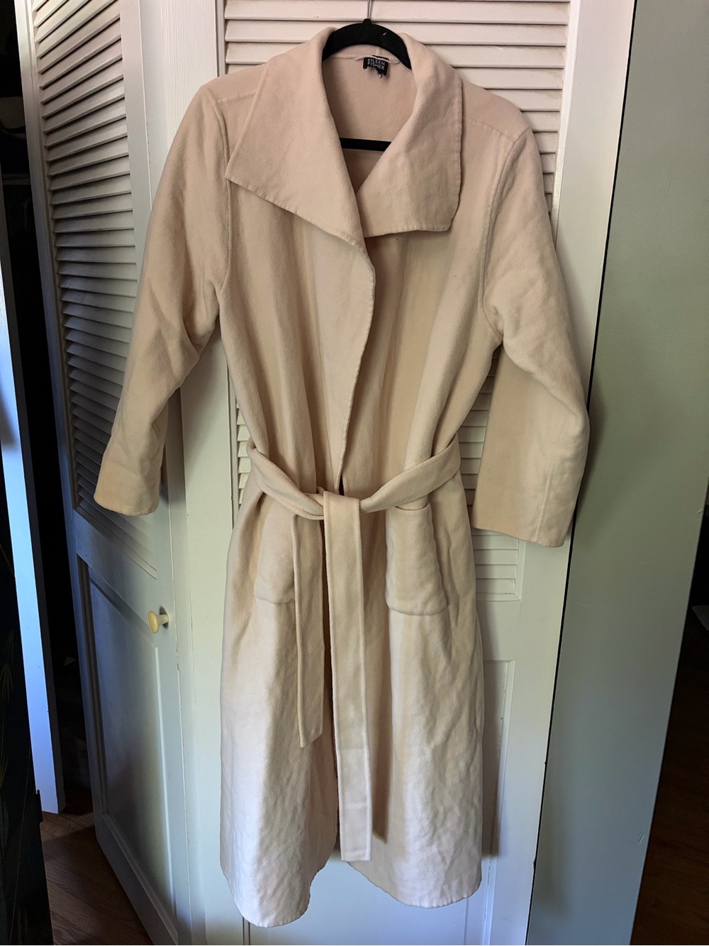 Eileen Fisher Soft Cream Belted Wool Wrap Coat